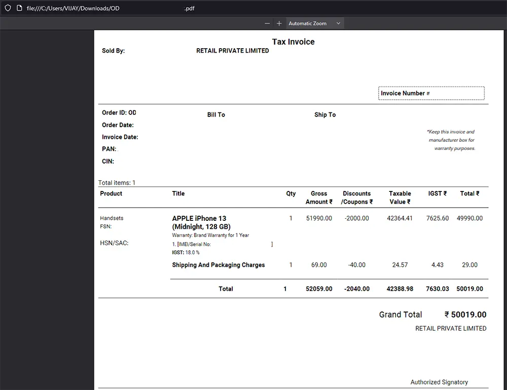 Flipkart Tax Invoice