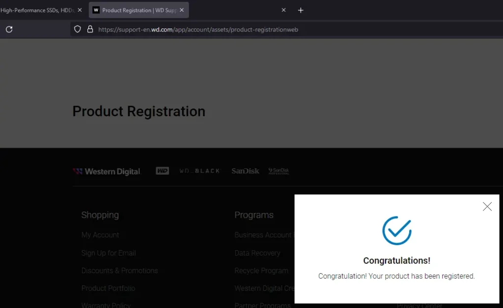 Congratulations Product has been Registered