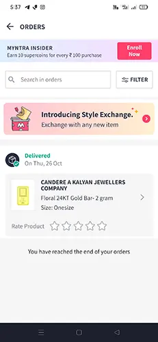 Myntra app Orders