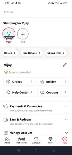 Myntra app Profile 