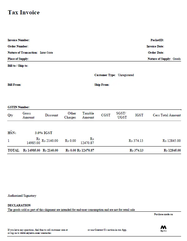 Myntra Tax Invoice