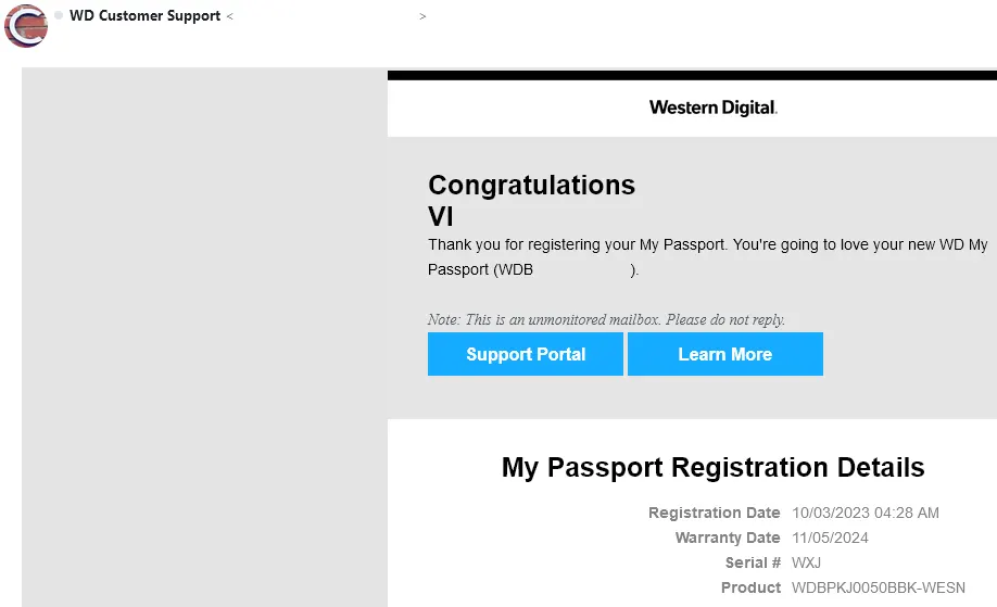 WD Product Registration Email