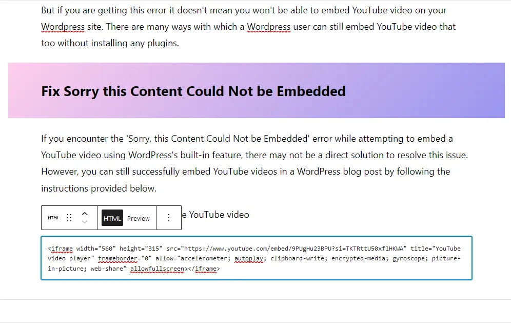 Paste YouTube Embed Code WordPress Custom HTML