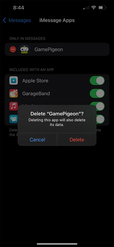 Delete GamePigeon Confirm