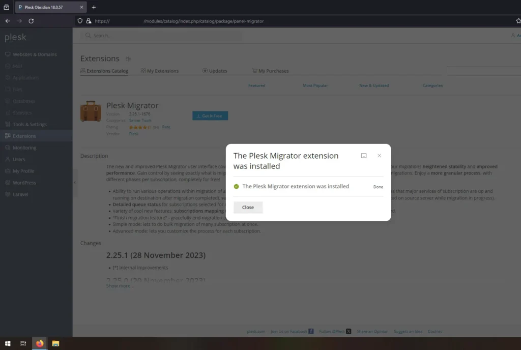 Plesk Migrator Extension Installed