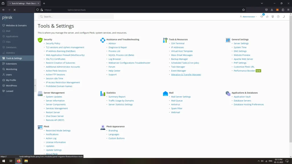 Plesk Tools and Settings