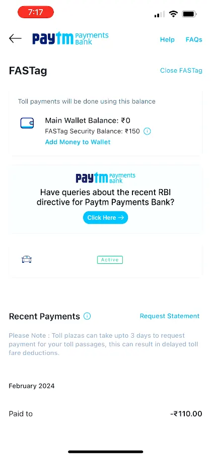 Manage Paytm FASTag Page