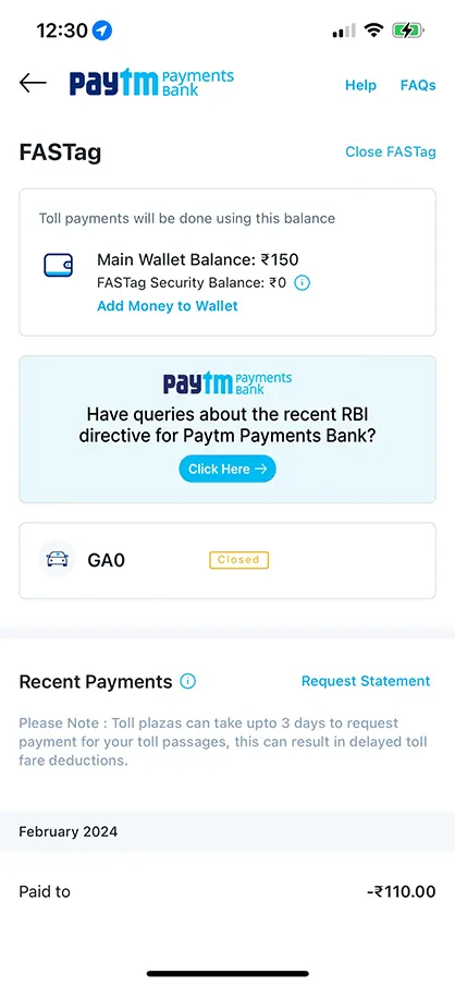 Closed Paytm FASTag