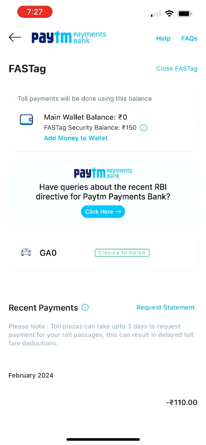 Paytm FASTag Closure Initiated