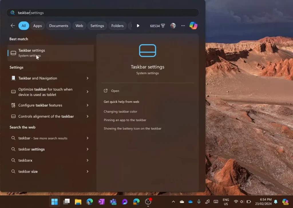 Search Taskbar Settings