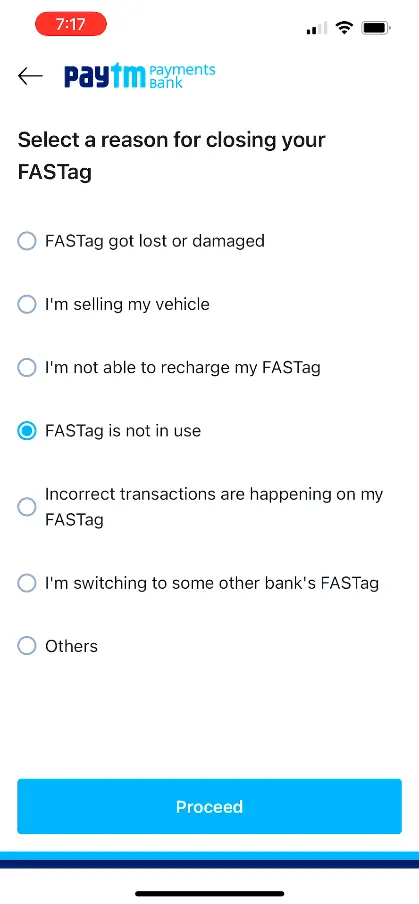 Select reason for choosing your FASTAg