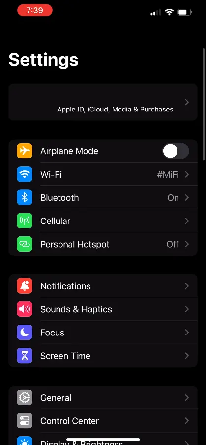 iPhone Settings Page