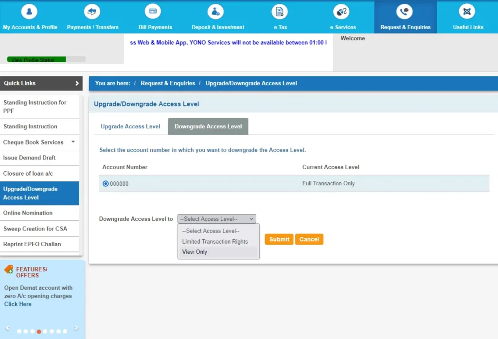 Online SBI Downgrade Access Level