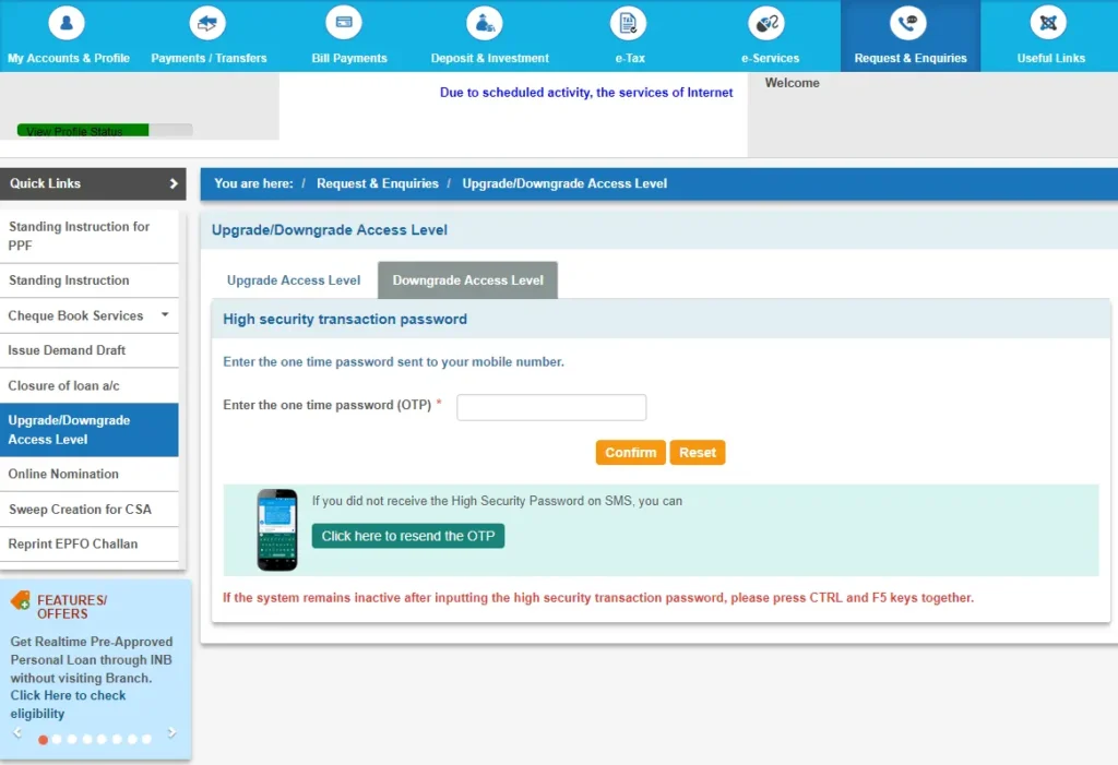 Online SBI Downgrade Access Level OTP