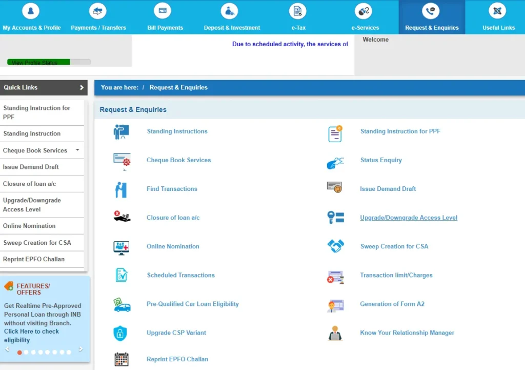 Online SBI Request and Enquiries Page