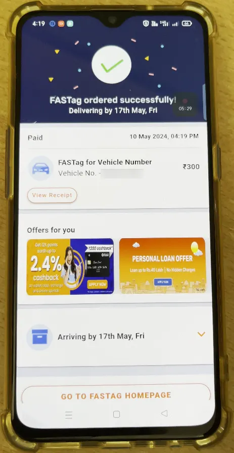 Bajaj Pay FASTag Ordered Successfully