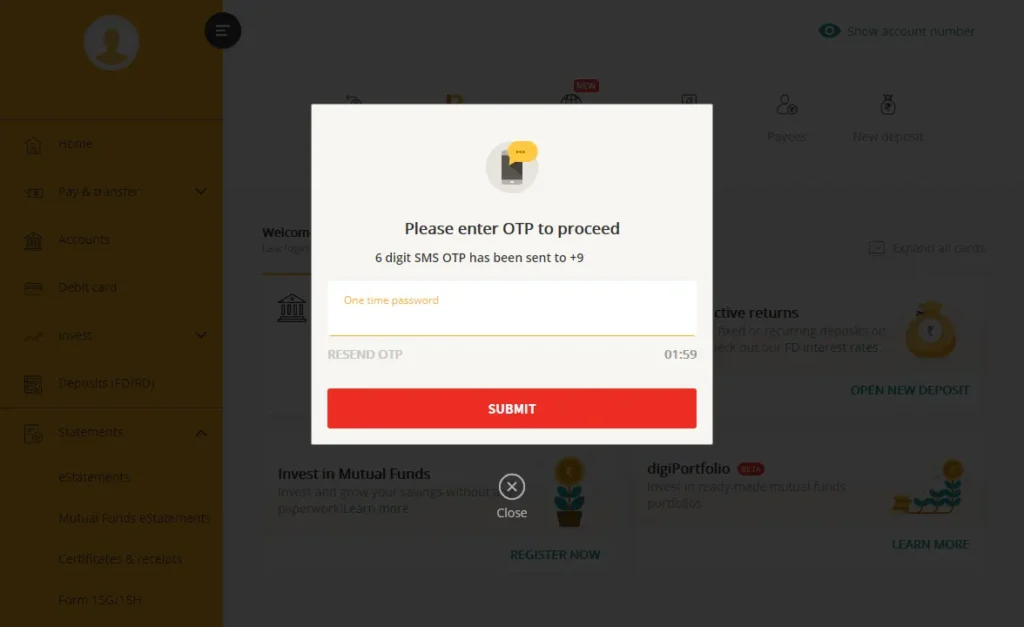 Digibank OTP Access for Statement Page