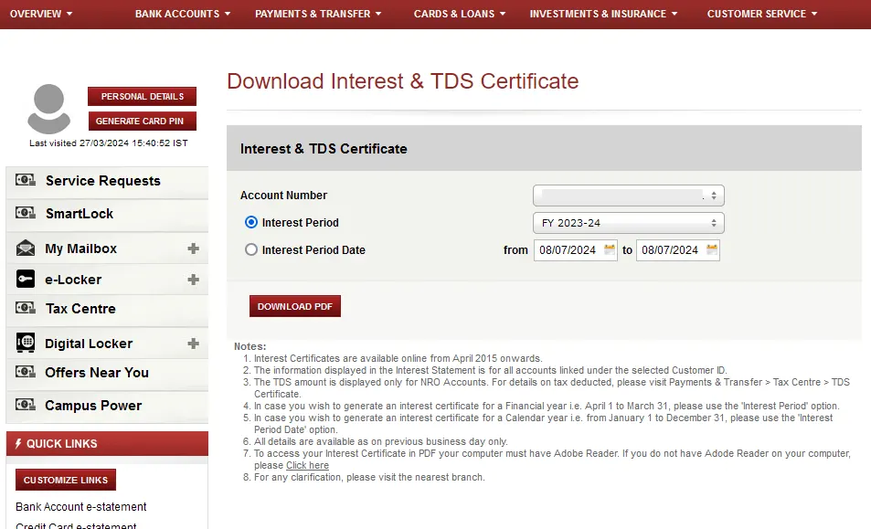 ICICI Download Interest Certificate