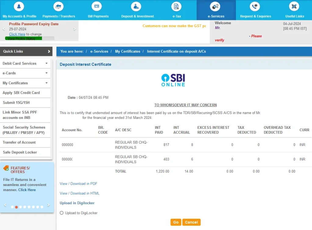 Online SBI Deposit Interest Certificate