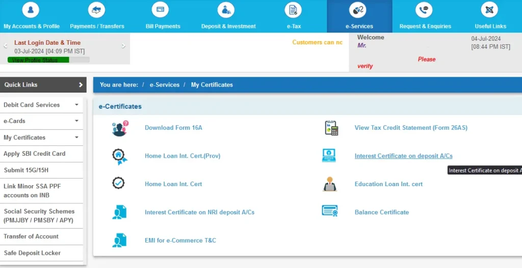 Online SBI My Certificates