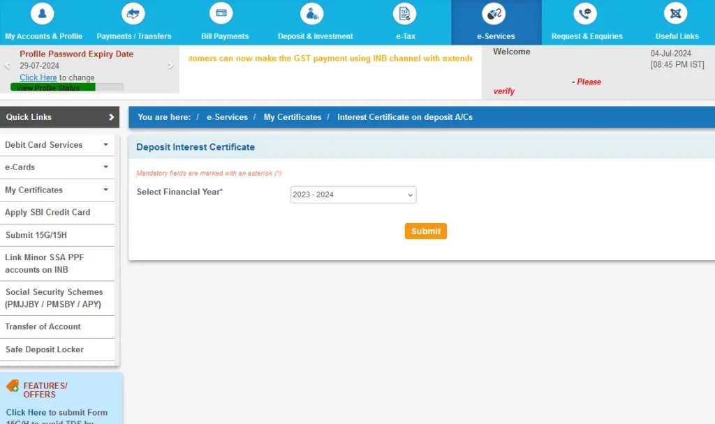 Online SBI Select Financial Year