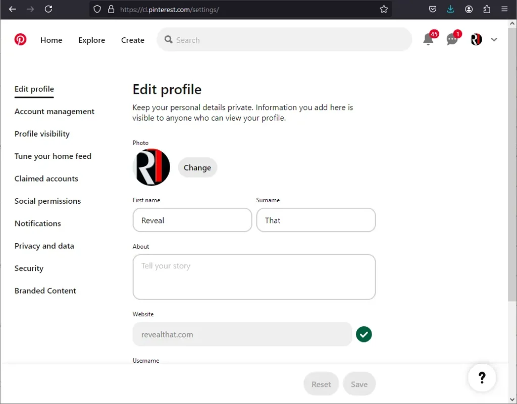 Pinterest Edit profile