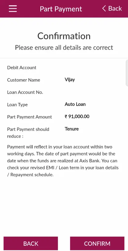 Axis Part Payment Confirmation