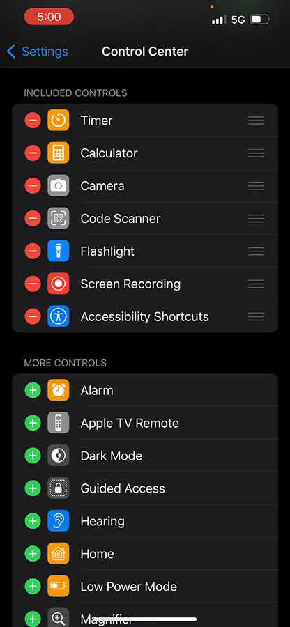 Control Center Accessibility Shortcuts