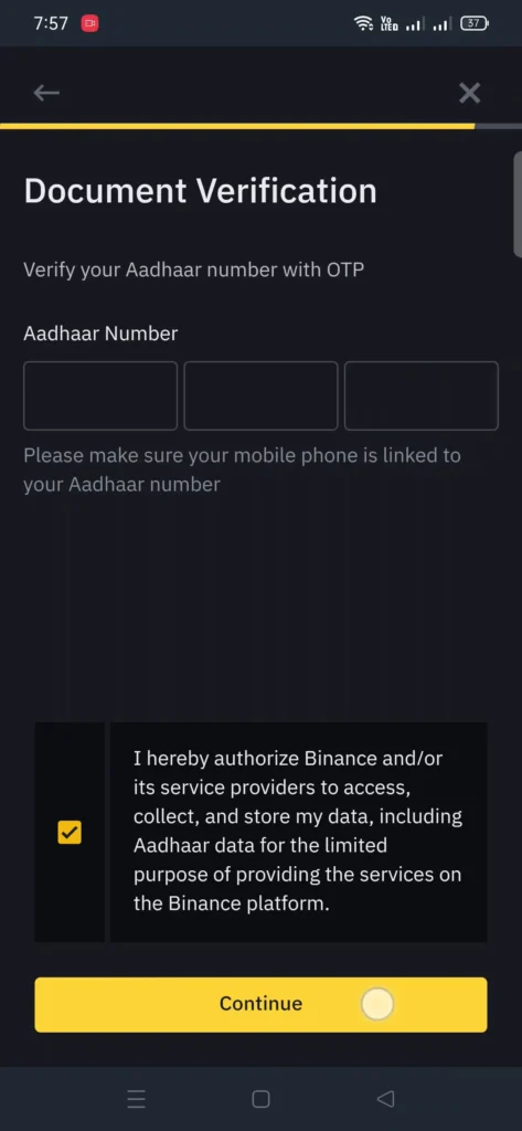 Aadhaar Binance Document Verification