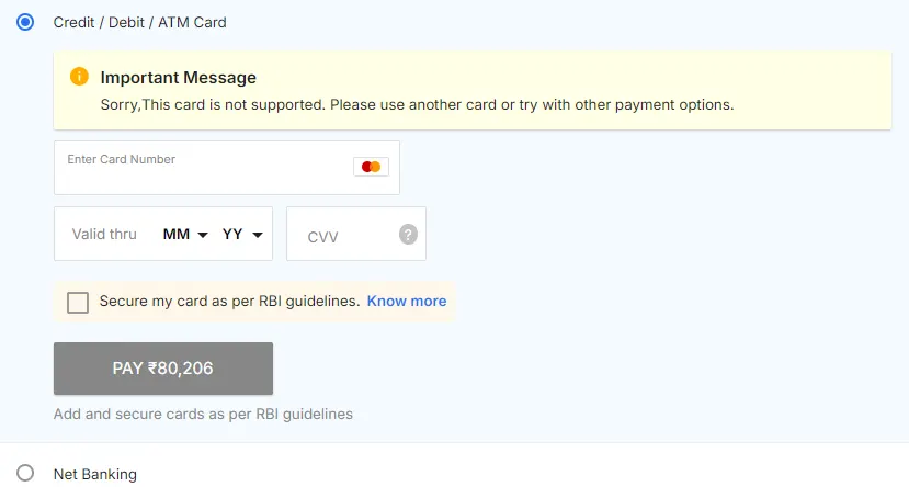 Sorry, This card is not supported. Please use another card or try other payment options