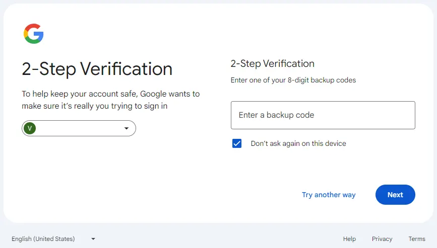 2 Step Verification Back Up Code