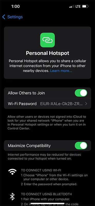 iPhone Personal Hotspot Turn ON