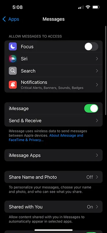 iPhone Settings iMessage Turn On