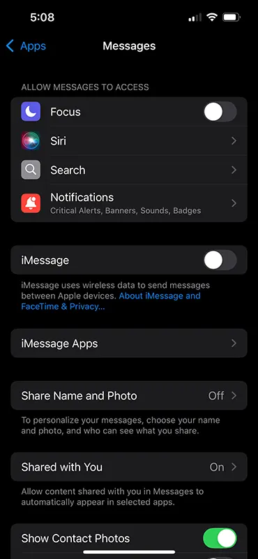 iPhone Settings iMessage Turn Off