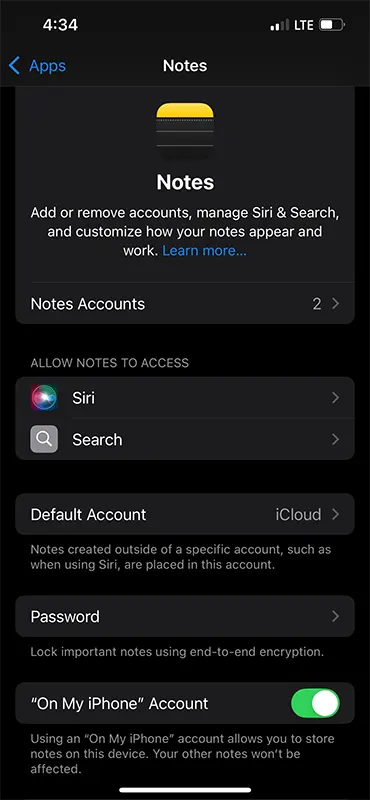 Notes Enable on My iPhone Account