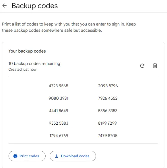 Your Backup Codes