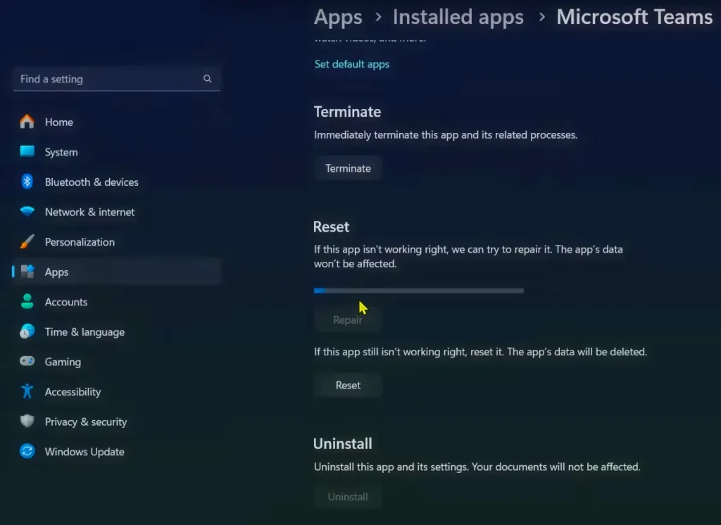 Microsoft Teams Reset Repair