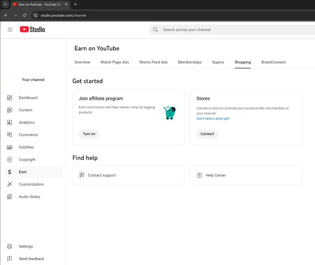 YouTube Studio Shopping Earn