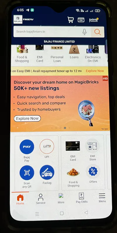 Bajaj Finance app Homepage