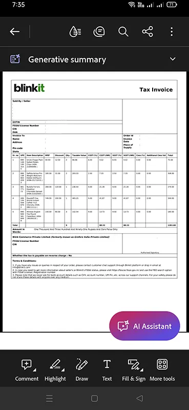 Blinkit app Invoice