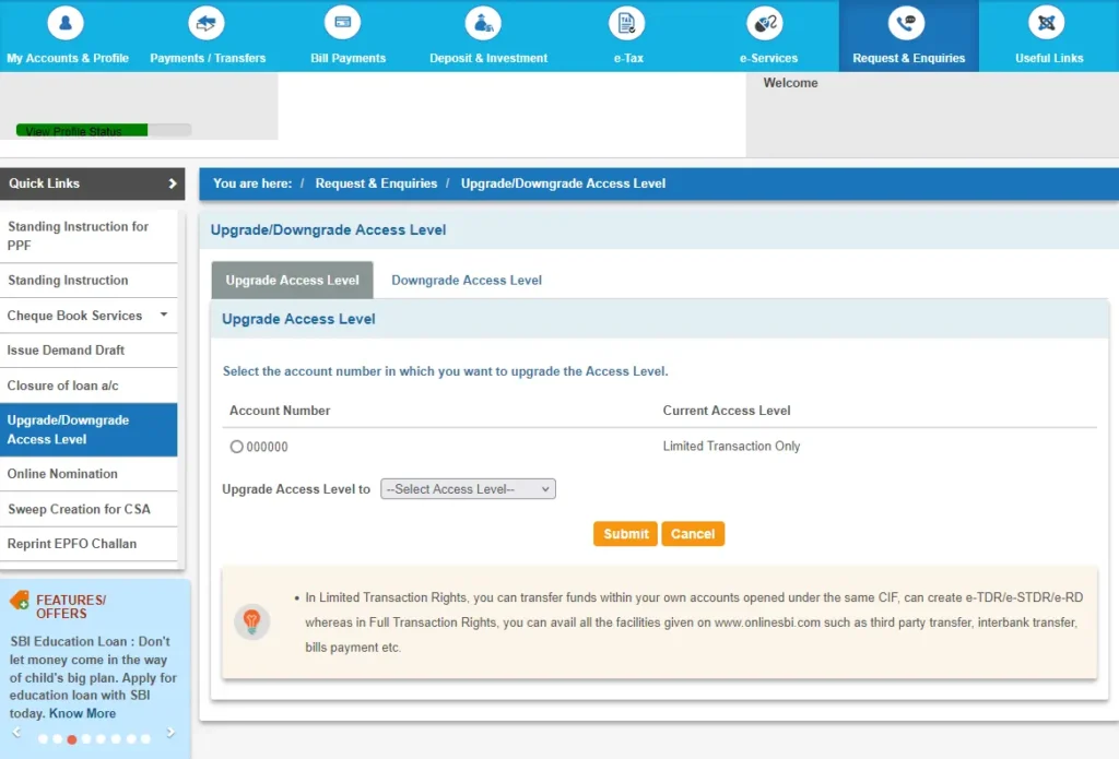 Online SBI Upgrade Access Level