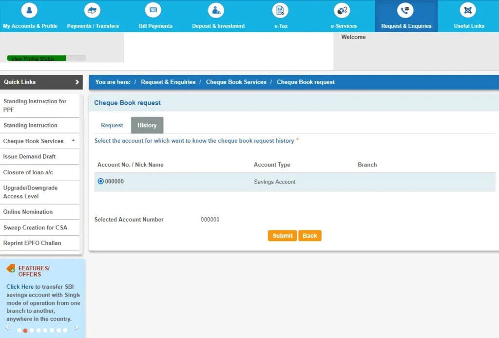 SBI Cheque Book History