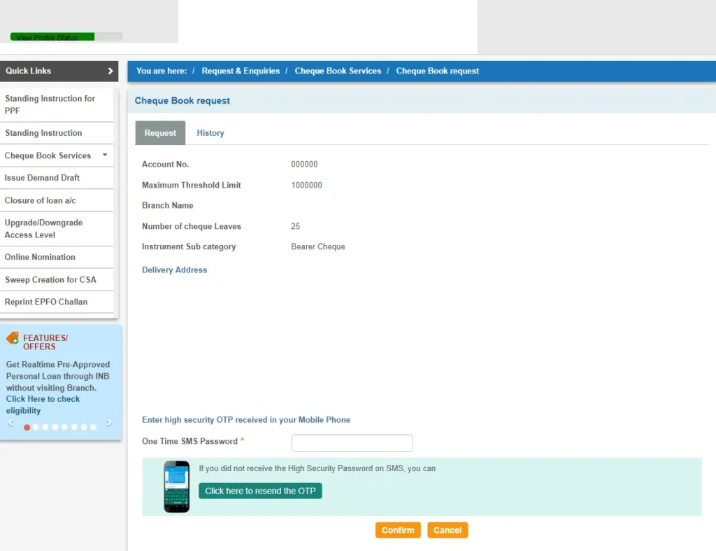 SBI Cheque Book Request OTP