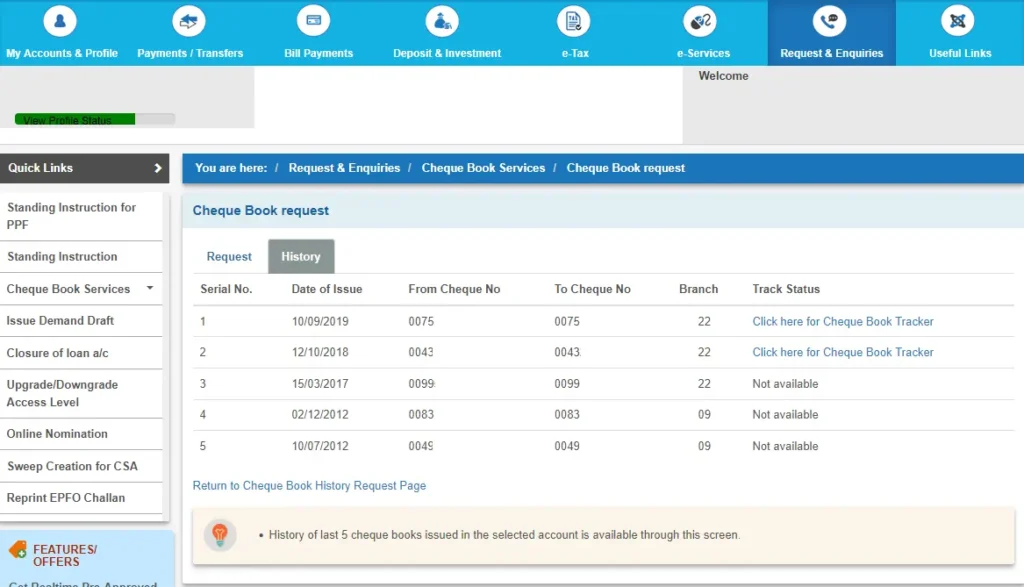 SBI Cheque Book Tracking