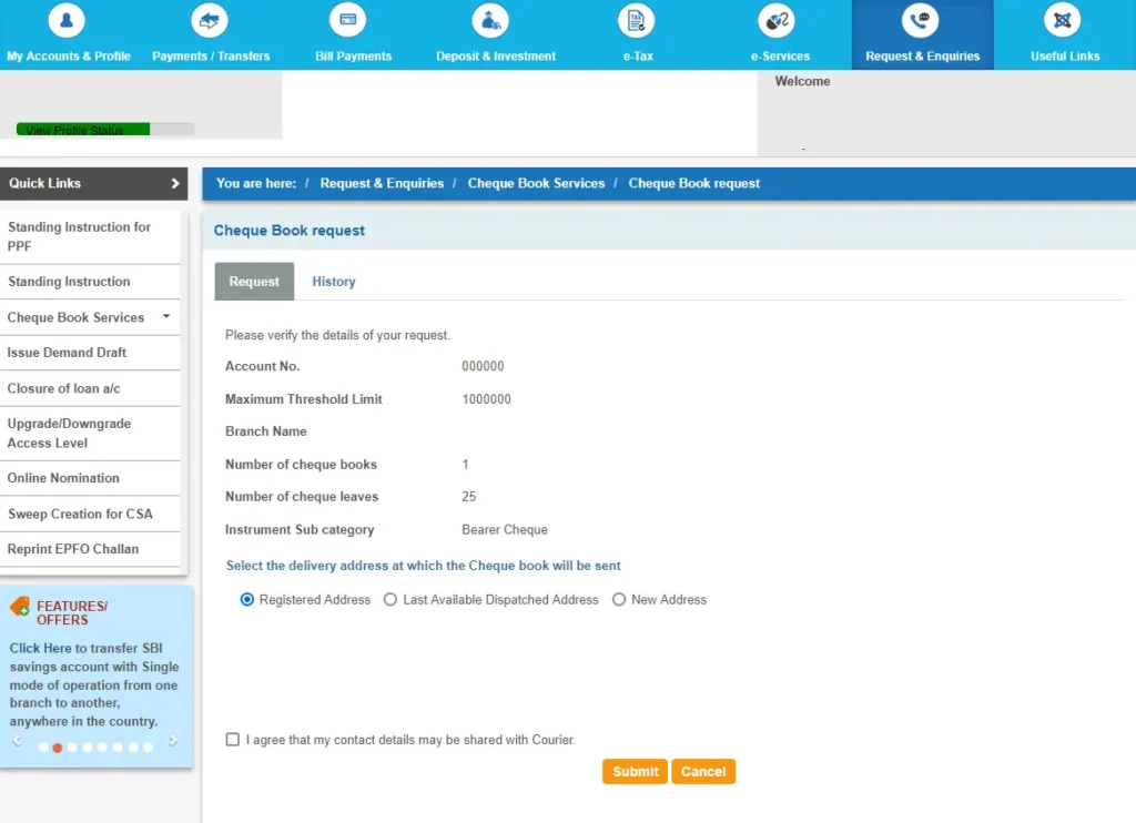 Select Delivery Address for SBI Cheque Book