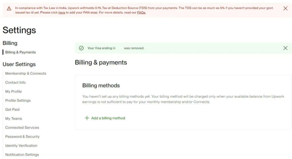 Removed Card from Upwork