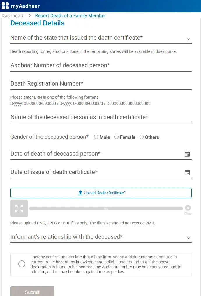 Cancel Aadhar Card After Death Online