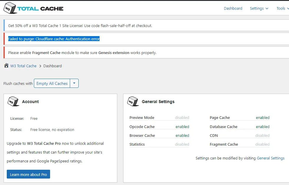 Failed to purge: Cloudflare cache: Authentication error