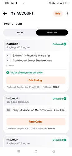 Swiggy app Past Orders
