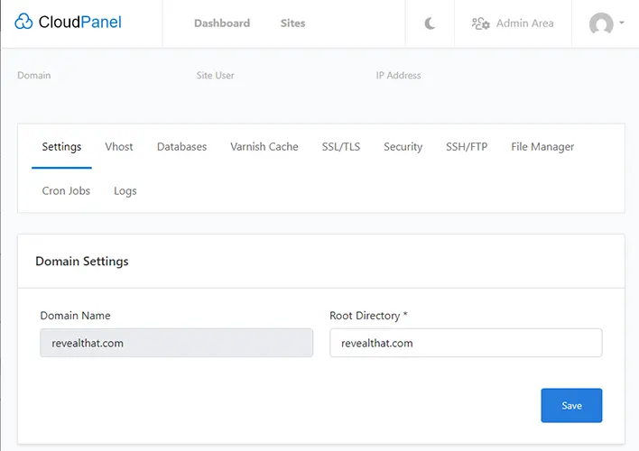Cloudpanel Sites Settings